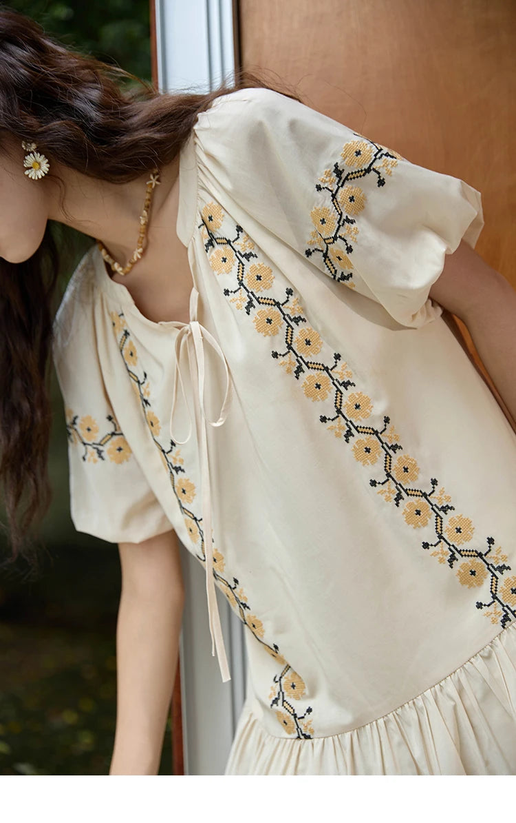 MISHOW Women's Ethnic Dress 2024 Summer Korean Sunflower Embroidery Puff Sleeve Dress V Neck Lace-up Doll Dresses MXD30L1959