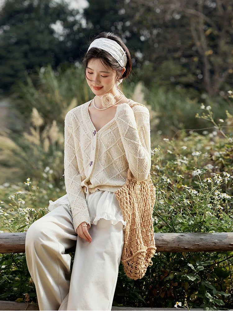 MISHOW Square Pattern Knitted Sweater for Women Spring Summer 2025 V-neck Tops Colorful Starfish Buckle Lazy Cardigan MXE16Z1213