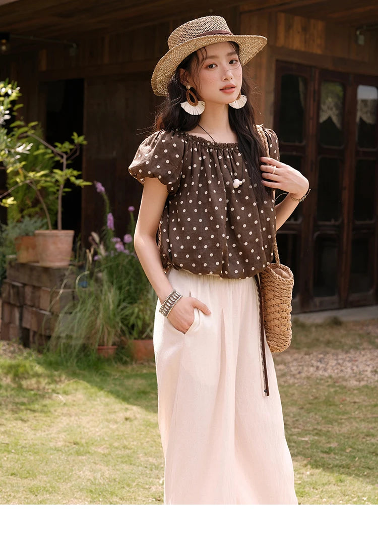 MISHOW Women's Two-Piece Set Fashion Polka Dot One Shoulder Puff Sleeve Blouse Summer 2025 Casual Wide Leg Pants Set MXE38T0683