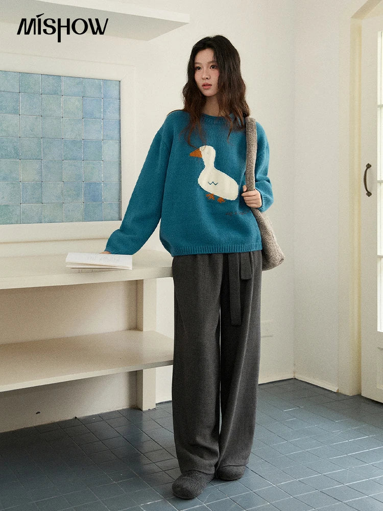 MISHOW Woman Knit Top Peacock Blue Jacquard Sweater for Women 2025 Winter O-neck Long Sleeve Loose Fit Thick Sweater MXE86Z2751