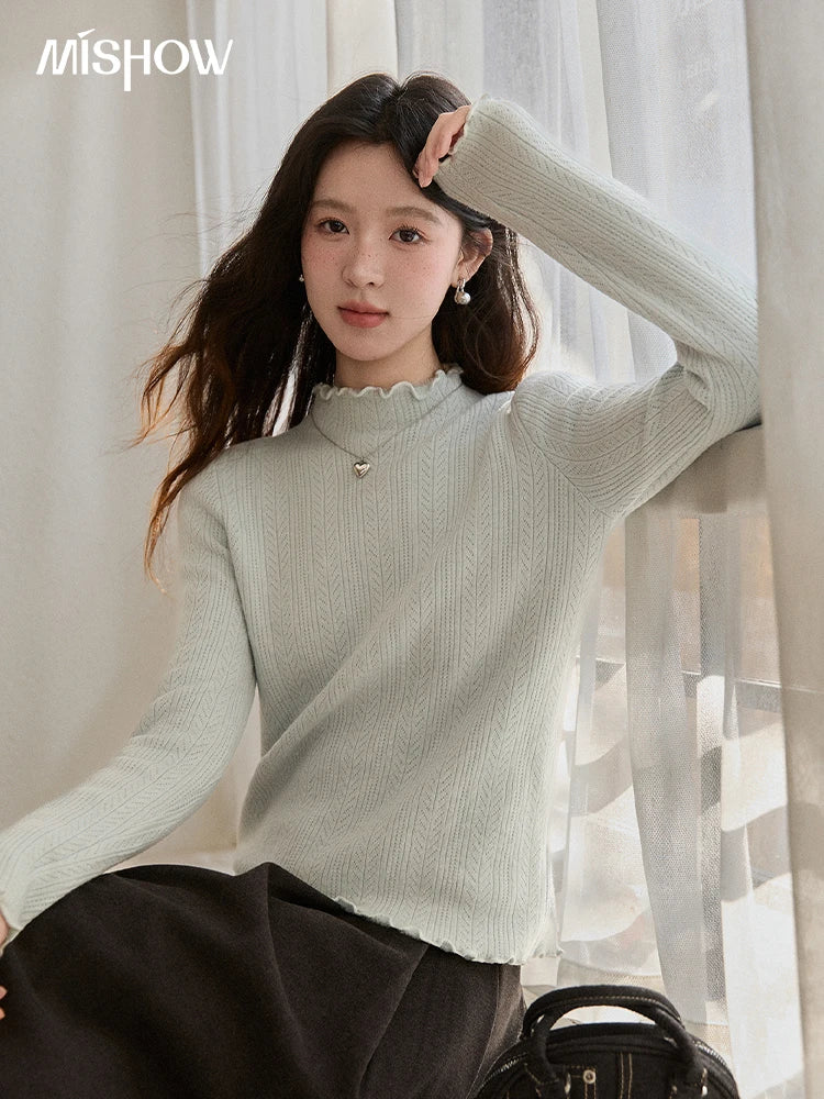 MISHOW Women's One Piece Velvet Thickened Bottom Tops 2025 Winter Versatile Black Fungus Edge Collar Knitted Tops MXE88Z2597