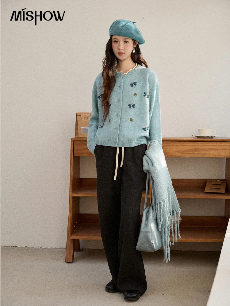 MISHOW Women's Knit Cardigan 2025 Winter Fashion Blue Butterfly Embroidered Sweater Casual O-neck Long Sleeved Top MXE90Z2818