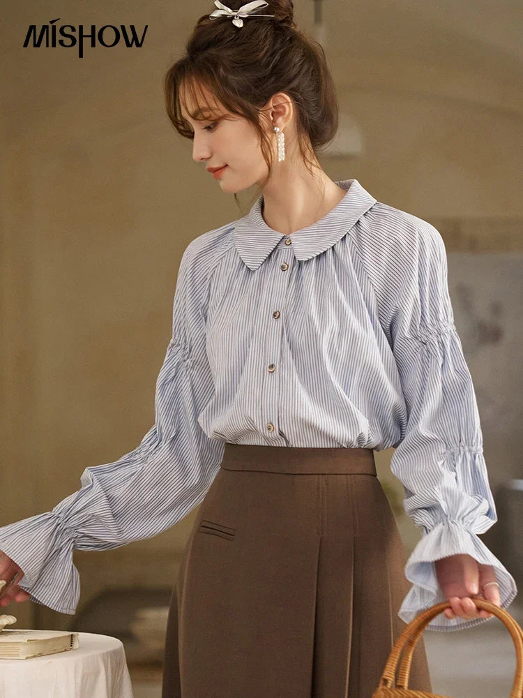 MISHOW Women's Blue Stripe Shirt 2024 Spring Fashion French Retro Bubble Sleeves Doll Neck Loose Tops Office Lady MXD12C0163