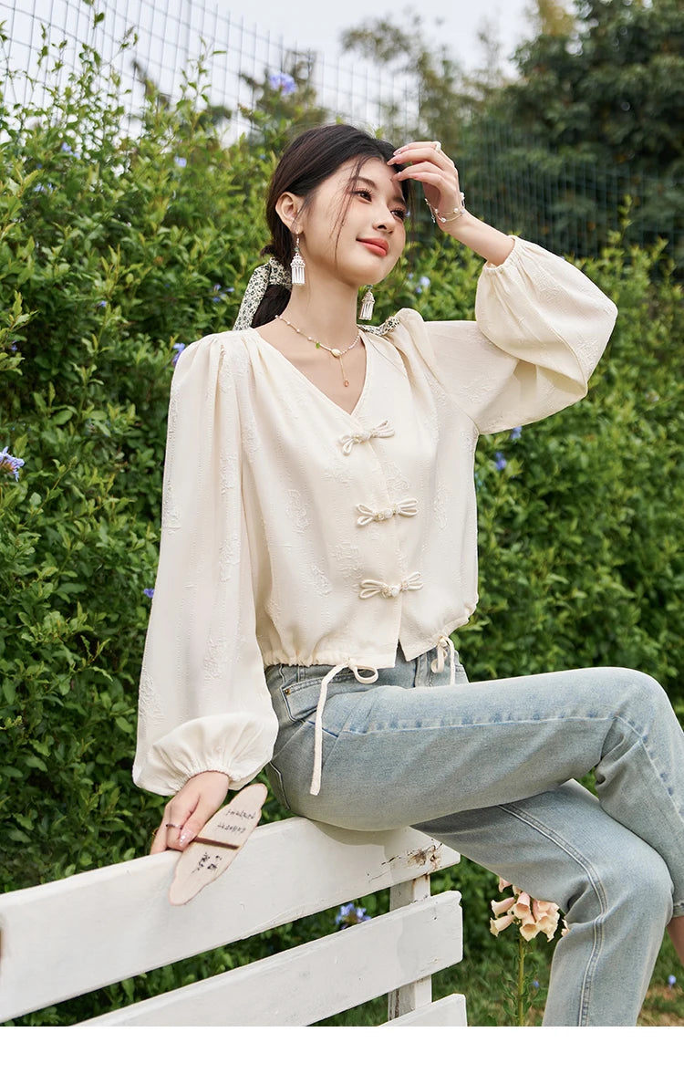 MISHOW Chinese Button Up Single Row Shirt for Women 2024 Spring Jacquard Hem Drawstring Puff Sleeve Solid Loose Top MXD14X1386