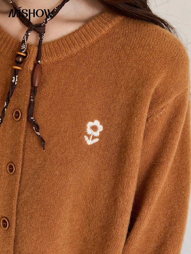 MISHOW Retro Flower Embroidery Cardigan for Women 2025 Round Neck Single Breasted Buckle Loose Knit Autumn Cardigan MXE46Z2588