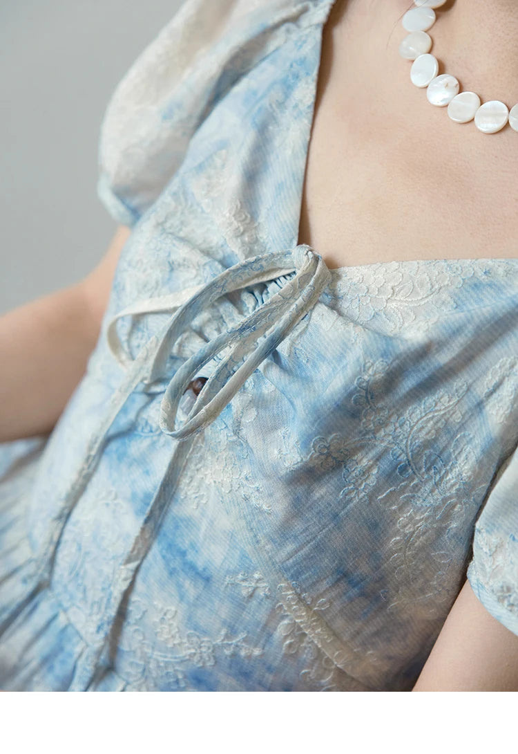 MISHOW Women's Fashion V-neck Lace Up French Dress 2025 Summer Puff Sleeve Embroidery Flower Dress Female Clothing MXE38L2379