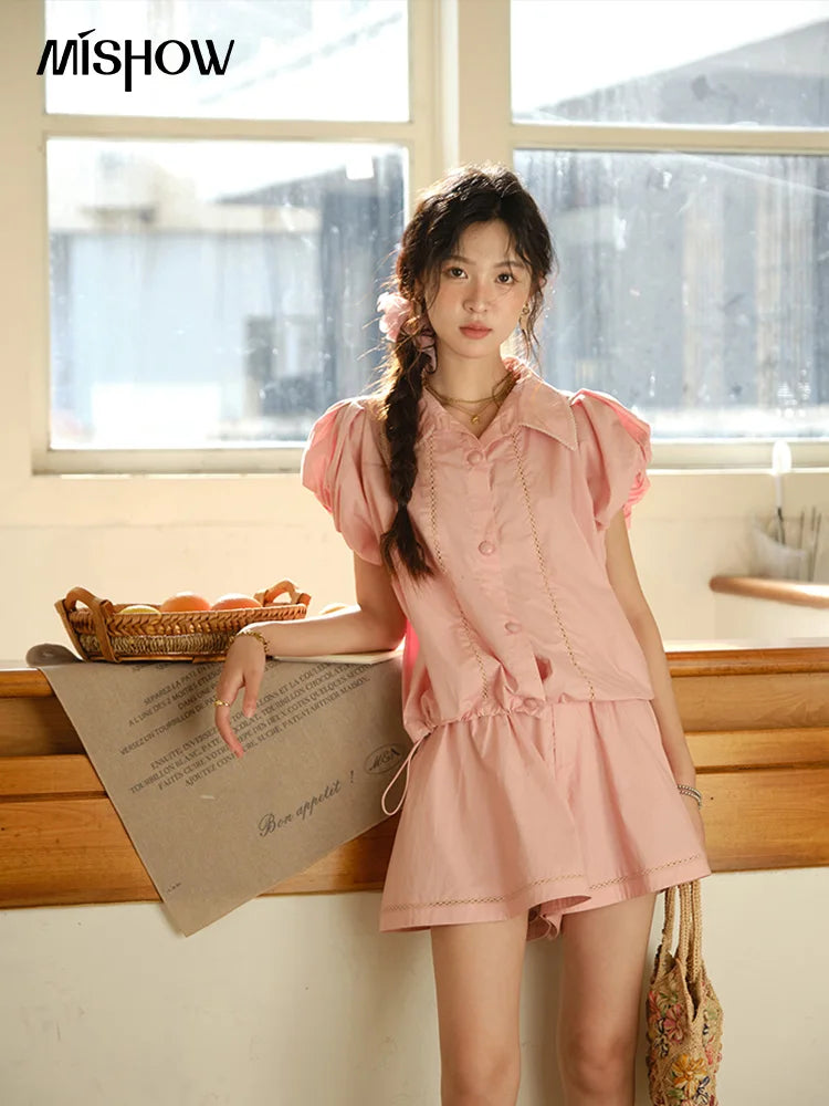 MISHOW 2 Pieces Set for Woman 2025 Summer New Loose Sweet Short Sleeve Button Shirt Casual Shorts Set Ladies Clothing MXE34T0591