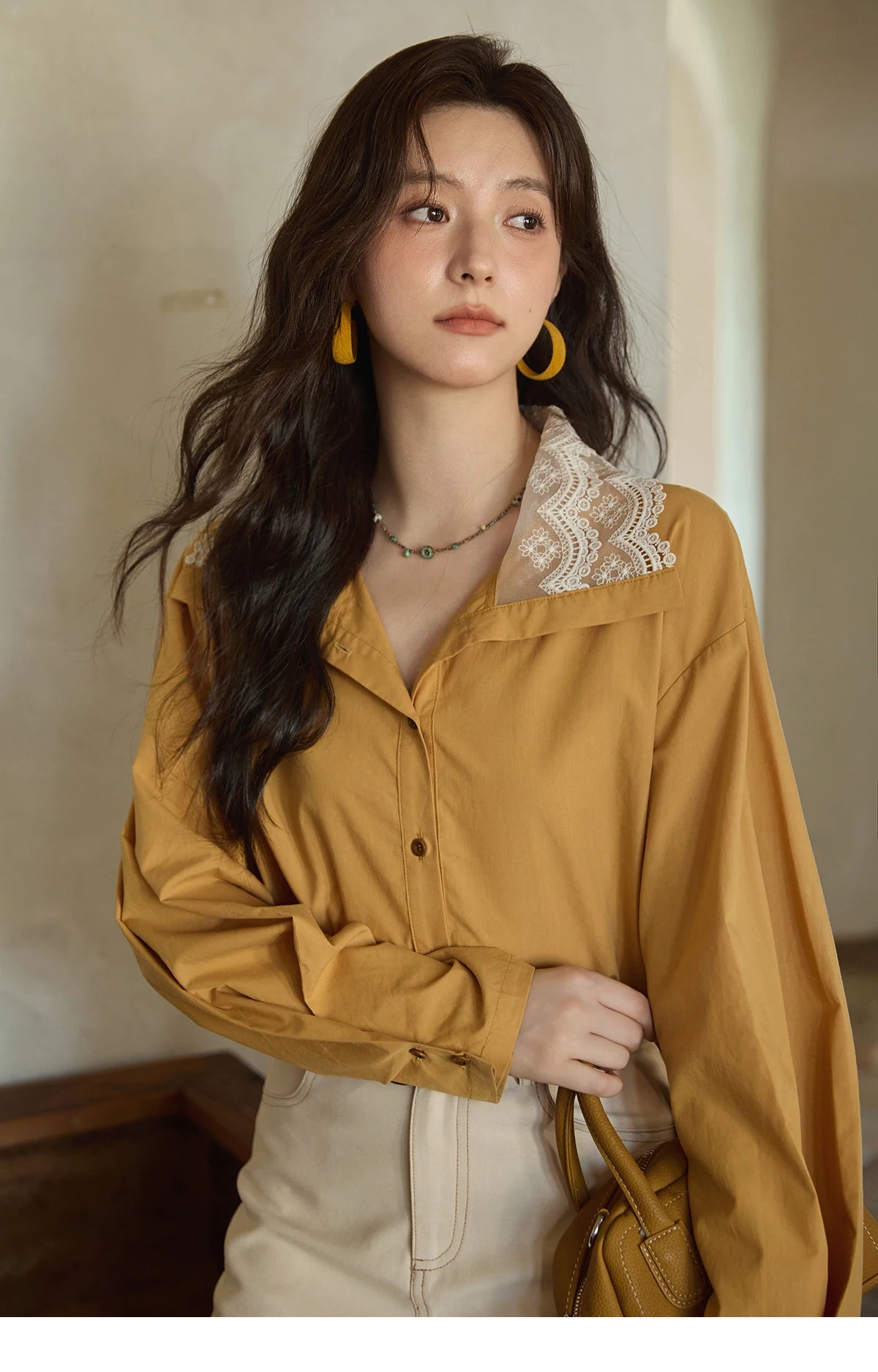 MISHOW Autumn Solid Cotton Shirt Autumn V-neck Double-layer Lace Retro Design Shirts Single Breasted Tops Office Lady MXE41C2366