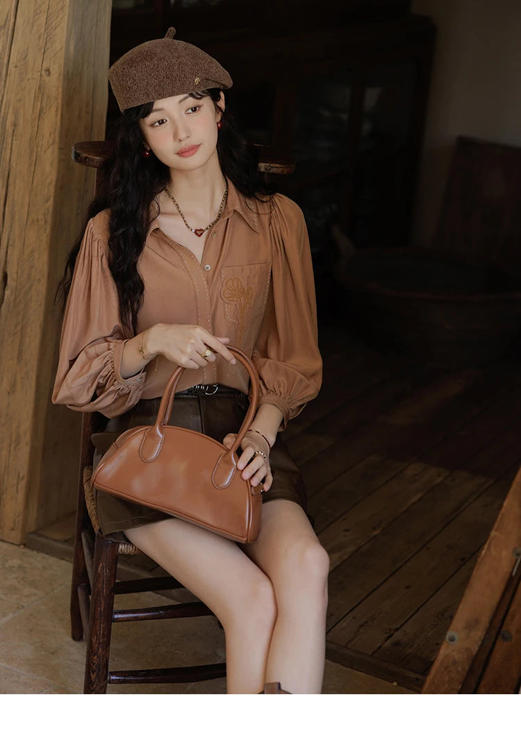 MISHOW Hong Kong Retro Solid Long Sleeve Shirt 2024 Autumn Temperament Loose Tops Lantern Sleeve Embroidery Shirts MXD41C0287