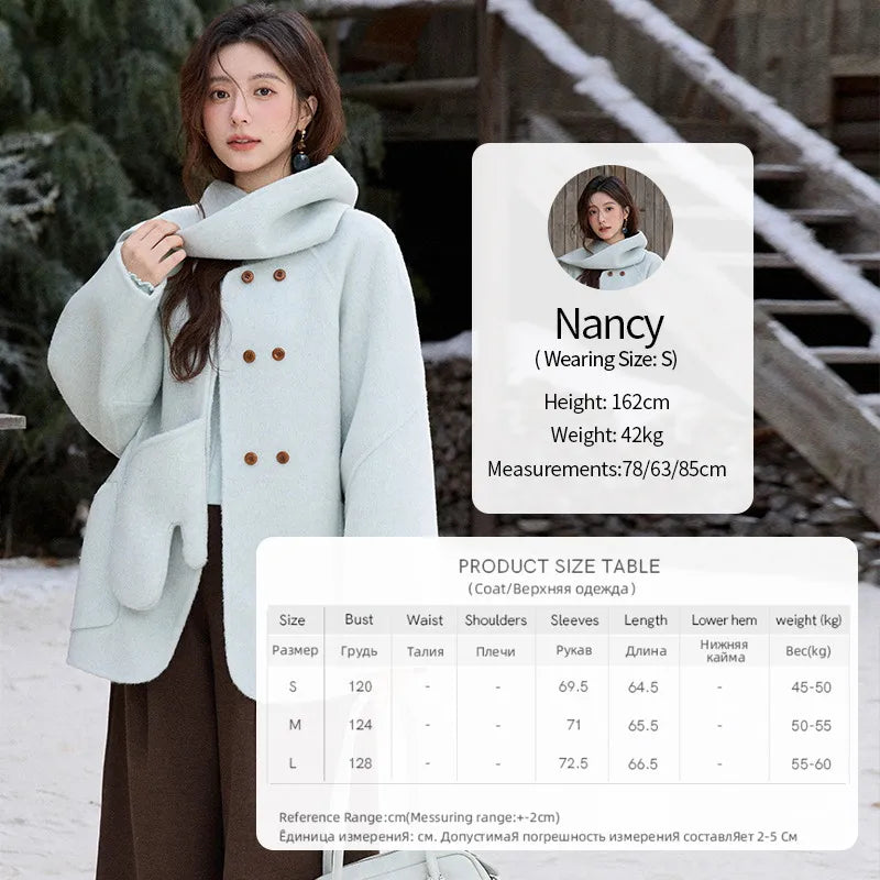 MISHOW 100% Wool Mint Green Double-sided Woolen Coats for Women Winter 2025 Warm Loose Coat with 2-in-1 Scarf Gloves MXE92W1014