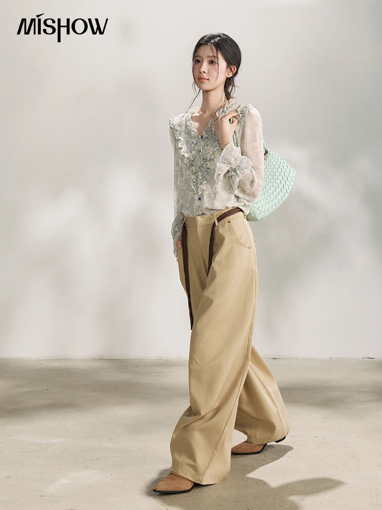 MISHOW Women's Khaki Wide Leg Pants 2026 Spring High Waist Belted Pants Rear Fake Pocket Design Casual Loose Trousers MXF13K1237