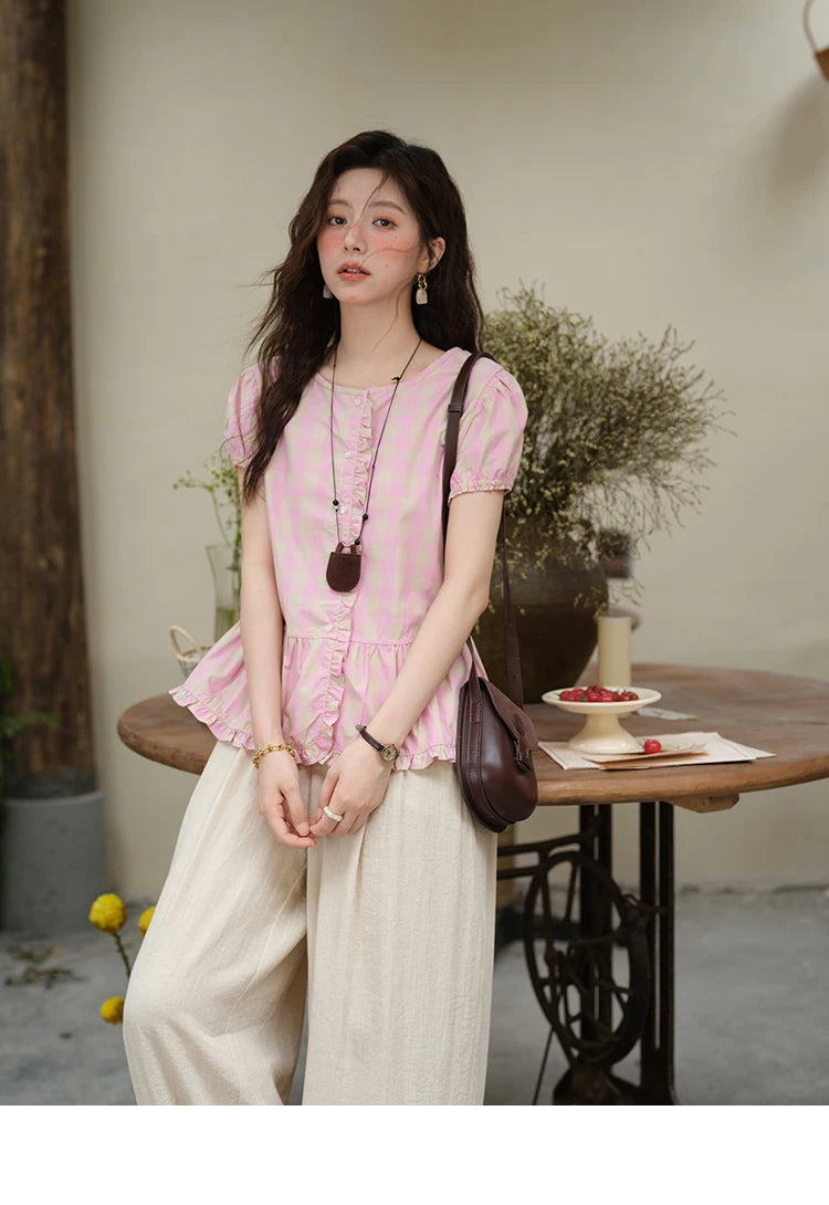 MISHOW Women's Puff Sleeve Plaid Button Shirt 2025 Summer New Fashion O-Neck Wood Ear Casual Shirt Cotton Pink Top MXE39X1932