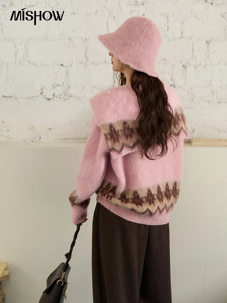 MISHOW Jacquard Pullovers for Women 2025 Winter Fashion Retro Geometric Pattern V-Neck Knitted Sweater with Shawl MXE86Z2654