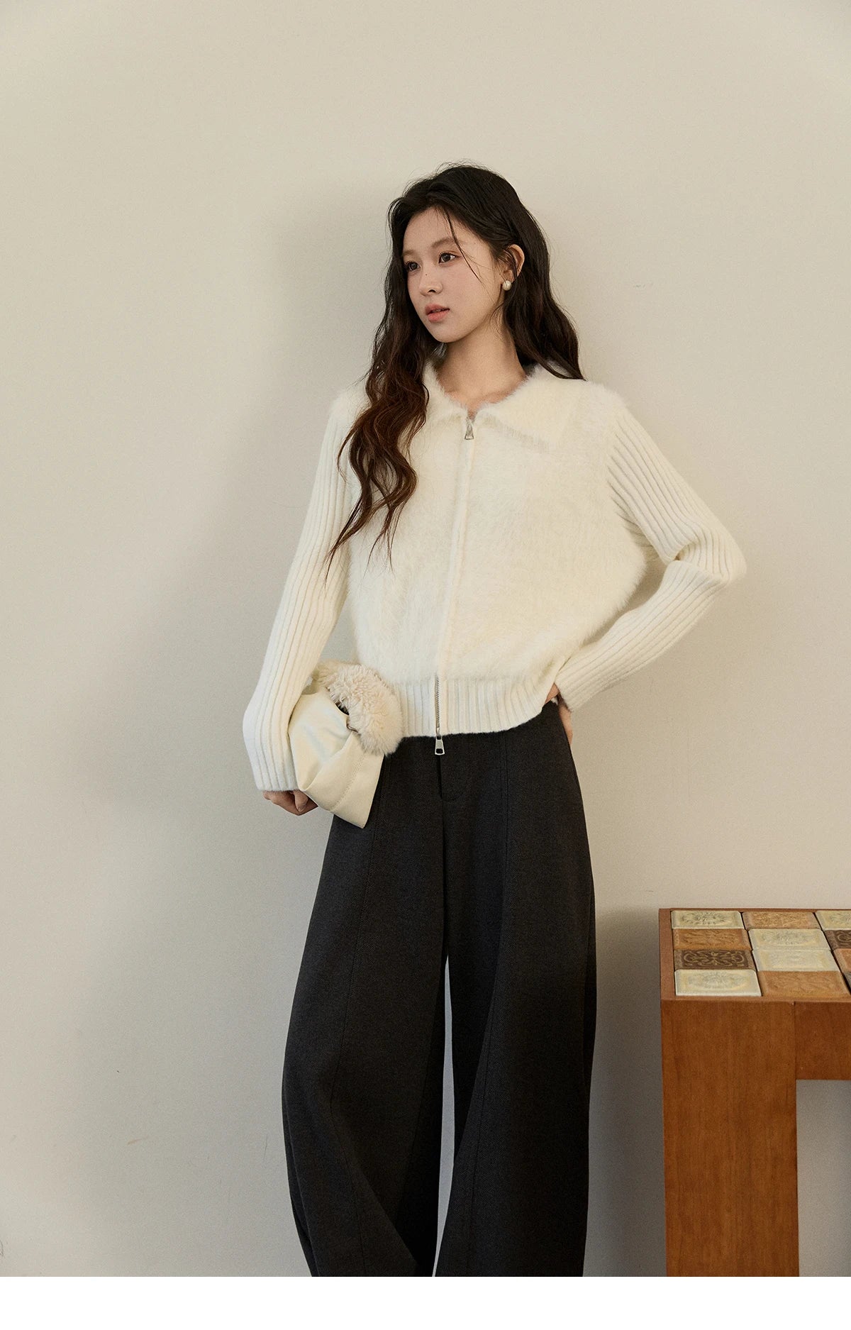 MISHOW Women's White Faux Fur Knit Cardigan 2025 Autumn Winter Fake Two-Piece Zipper Lapel Collar Warm Soft Outerwear MXE94Z2992