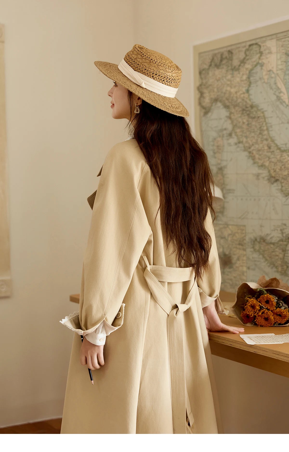 MISHOW Trench Coat Women 2025 Autumn Fashion Light Khaki Lace Long Windbreaker Jacket Long-sleeved Coat with Belt MXE45W0830