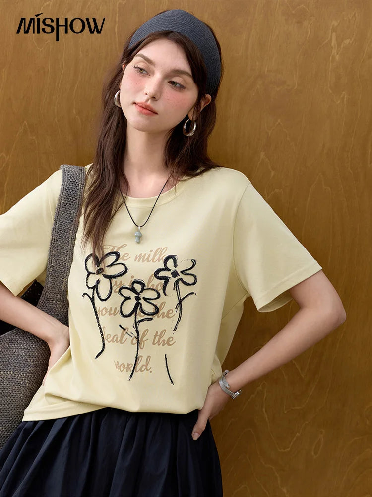 MISHOW Casual Print T-shirts Women Summer 2025 Short Sleeve Round Neck Embroidered Flower Shirt Female Loose Slimming MXE33T0498