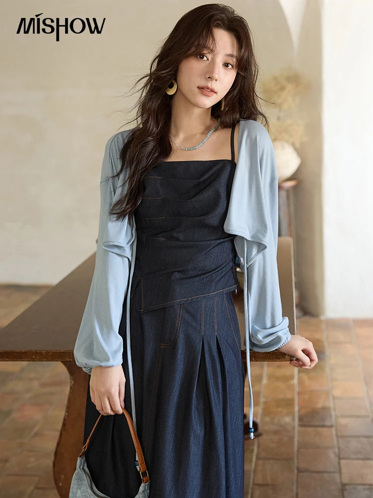 MISHOW Imitation Denim Casual Camisole Desses for Women Autumn 2025 Solid Lace-up Cardigan Separately (Not A Set) MXE41T0693