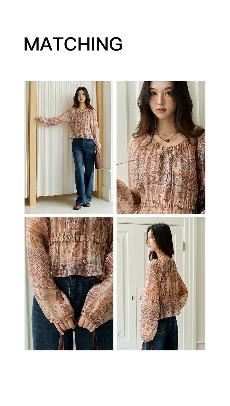 MISHOW Blouse Women 2025 National Style Printed Waist Round Neck Long-sleeved Top Commute Comfortable Autumn Blouse MXE47X2508