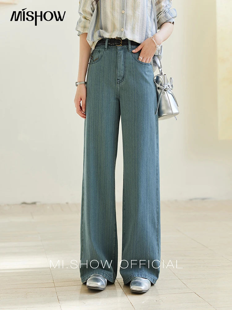 MISHOW Versatile Denim Straight Leg Pants for Women Spring 2025 Embroidery Pockets Commuting Loose Denim Trousers MXE14K0870