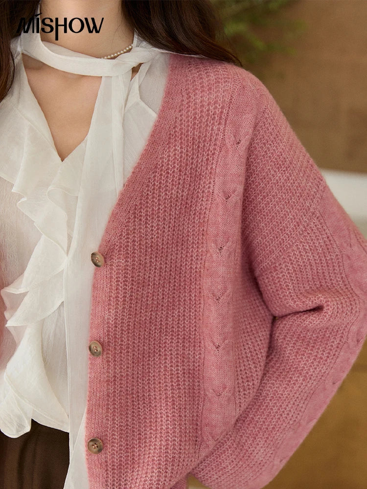 MISHOW Women's Dusty Pink Knitted Cardigan 2026 Spring V-Neck Single Breasted Tops Loose Casual Long Sleeve Outerwear MXF11Z2898