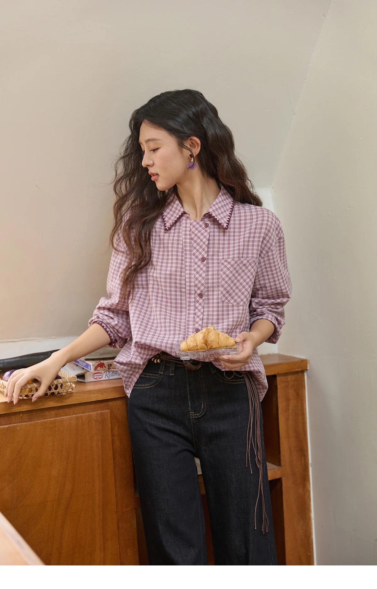 MISHOW Purple Plaid Shirt for Women Autumn 2025 Contrasting Embroidery Irregular Placket Shirt with Pocket Casual Top MXE44C2394