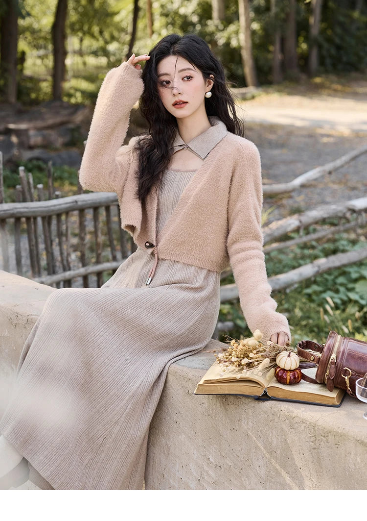 MISHOW Women’s Sweater Top Dress Separately 2024 Fall Winter Fashion Imitation Mink Fur Sweet Coat Knitted Dress MXD45L2043