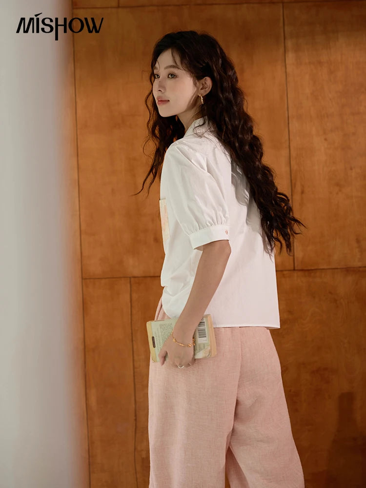 MISHOW Women's 100 Cotton Short Sleeved Shirt Loose 2025 Summer Embroidered Pocket Top Polo Neck Puff Sleeve Shirts MXD26C0243