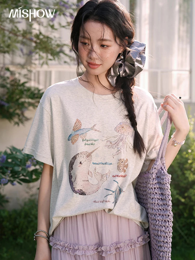 MISHOW Fashion Print T-shirts for women 2025 Summer New O-Neck Loose Casual Short Sleeve Cotton Top Female Clothing MXE36T0575