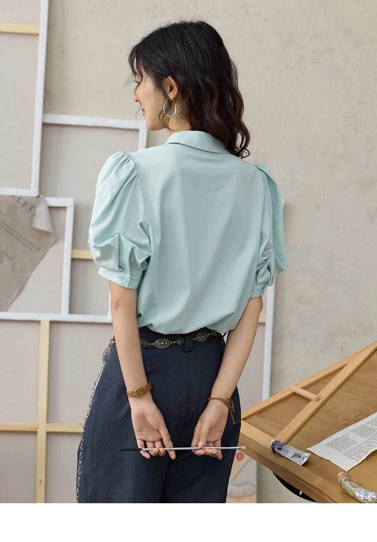 MISHOW Light Green Bubble Sleeve Shirt for Women Summer 2025 Lapel Collar Irregular Button Shirts Cotton Commuter Top MXE34C0788