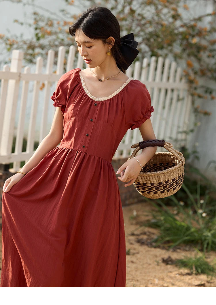 MISHOW French Summer Dress Women New 2025 Puff Short Sleeve Lace Neck Slimming Long Dresses Female Fashion Elegant MXE35L2297