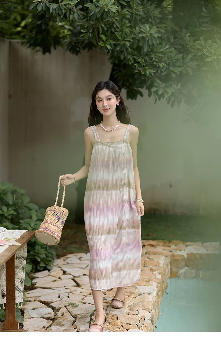 MISHOW Pink Striped Suspender Dress for Women 2025 Summer Sleeveless Irregular Front Dress Wave Mid Length Dresses MXD29L1930