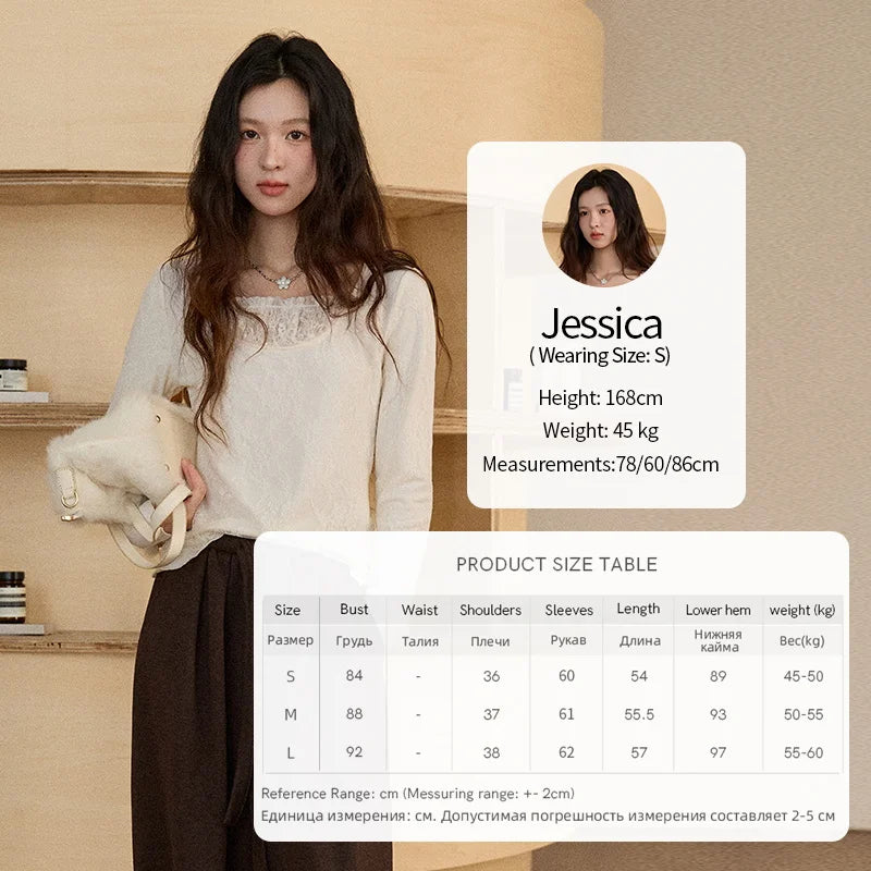 MISHOW Women Long Sleeve Tees 2025 Autumn Winter Elegant Beige Lace Patchwork Top Women Large U-neck Slim Fit Top MXE91X2514