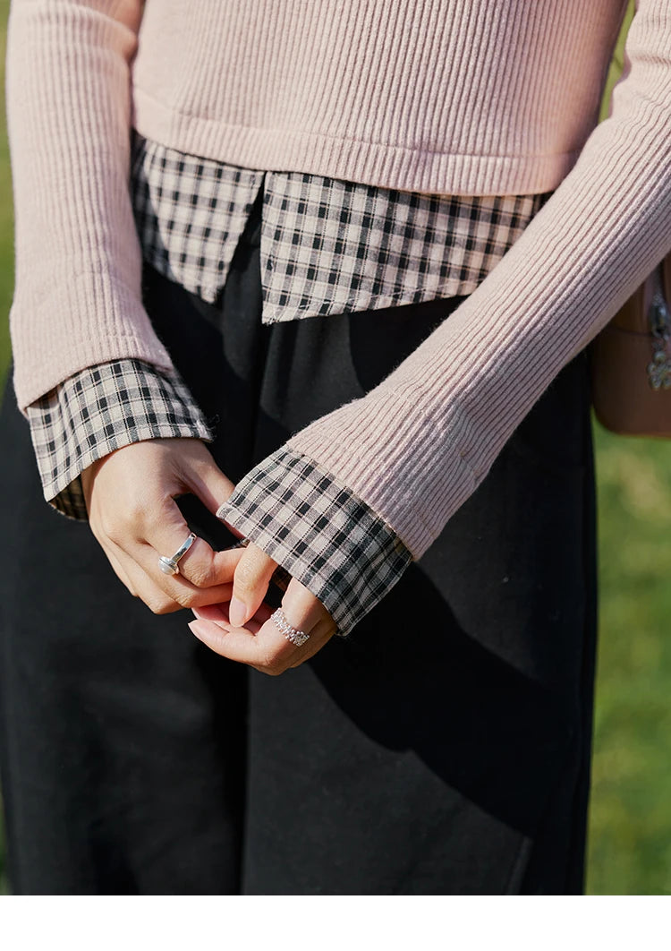 MISHOW Plaid Splicing Fake Two-piece Tops for Women Spring 2025 Contrasting Colors Slim Thin Top V-neck Casual Tees MXE13Z1108