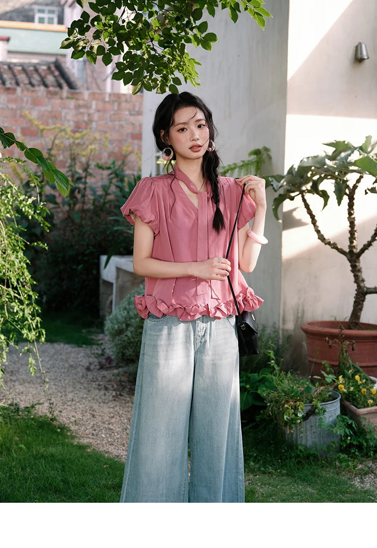 MISHOW Women's Summer V-neck Blouse 2025 New Fashion Puff Sleeve Lace Up Button Sweet Top Casual Female Clothing MXE38X1914