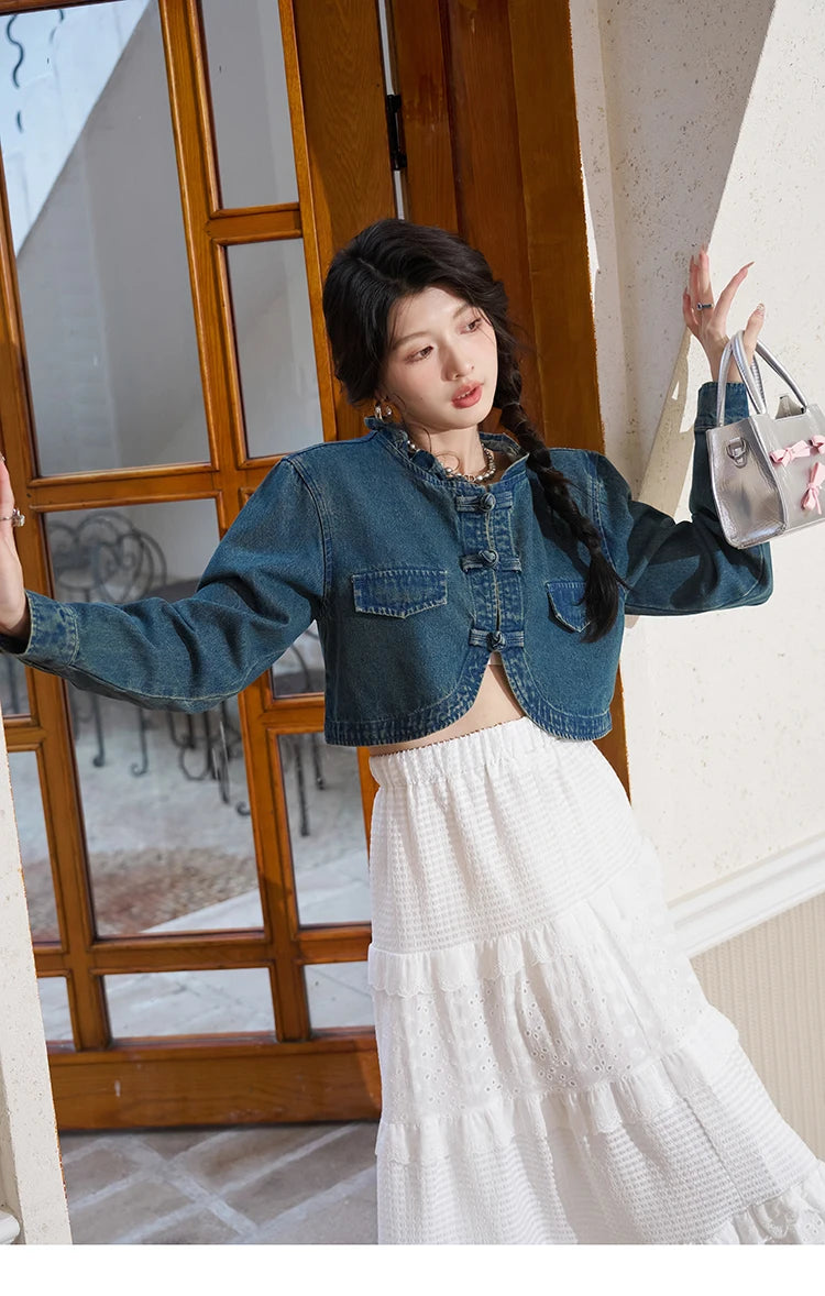 MISHOW Retro Chinese Buckle Denim Short Jacket U-neck Vest Dress Separately 2025 Autumn Casual Coat Knee-Length Dress MXD14L1771