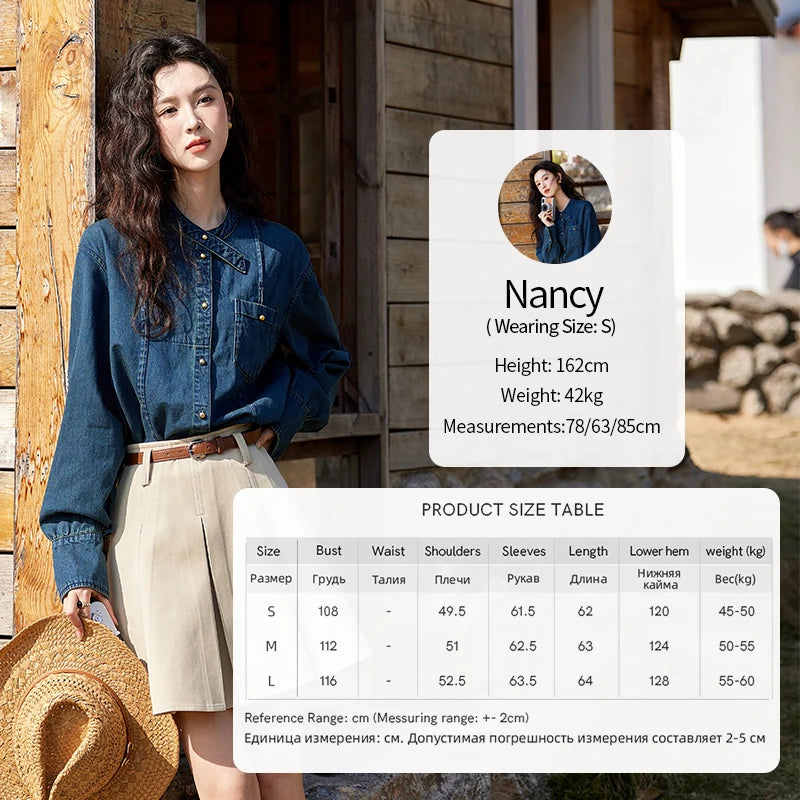 MISHOW 100 Cotton Denim Shirt French Retro Long Sleeved Shirt for Women 2025 Spring Loose Fit O Neck Casual Shirt Top MXE12C0384