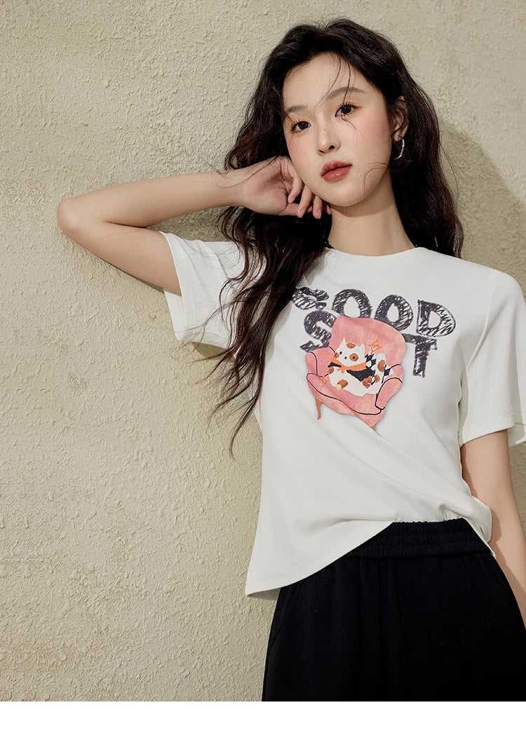 MISHOW Printed Cotton T-shirts for Women Spring 2025 Loose Slim Short Round Neck Tees Versatile Soft Casual Tops MXE13T0461