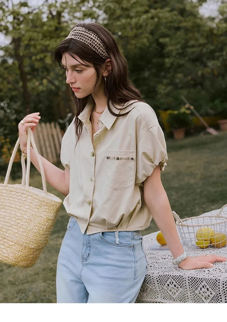 MISHOW Casual Summer Blouses Women 2025 New Short Puff Sleeve Turn Down Collar Shirt Female Fashion Shell Ribbon Tops MXE33C0773