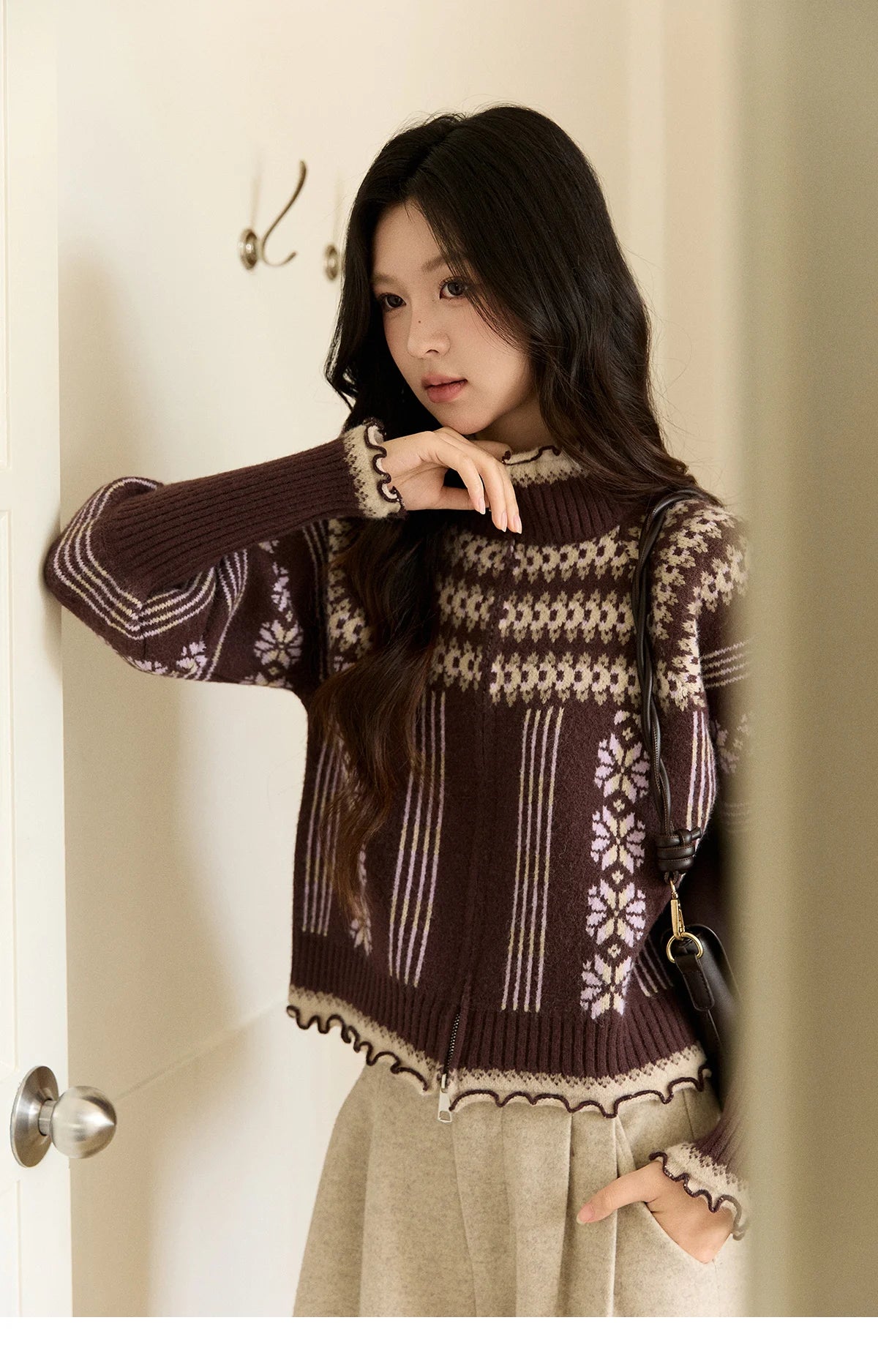 MISHOW Women's Brown Knitted Fair Isle Sweater Vintage Jacquard Lantern Sleeves Zipper Top Ruffled Trim Warm Sweaters MXE91Z2868