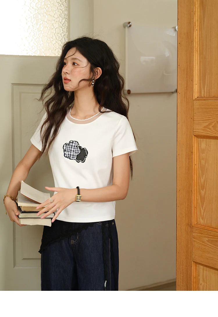 MISHOW Lace Edge Splicing Short Sleeve T-shirt for Women 2025 Summer Female Round Neck Simple Top Women's Clothing MXE38T0630