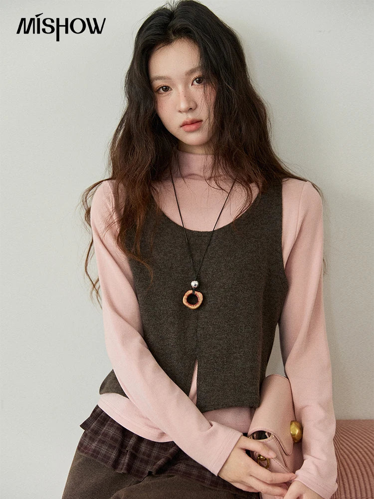 MISHOW Two-piece Suit for Women 2025 Winter Retro Turtleneck Knit Long-sleeved Tops Square Collar Vest Woman Set MXE88T1440