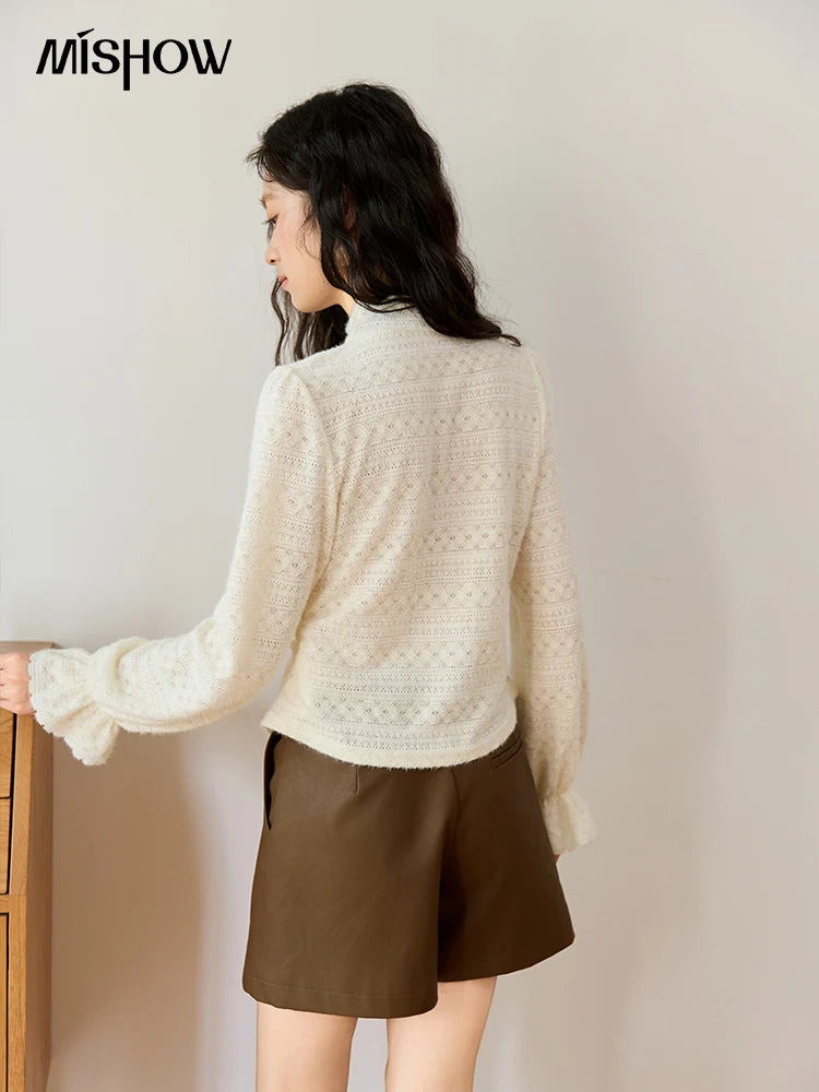 MISHOW Women's Casual Shirt 2025 Autumn Design Sense Elegant Lace Shirt New Half-high Collar Waist Slit Slim Tops MXE48X2501