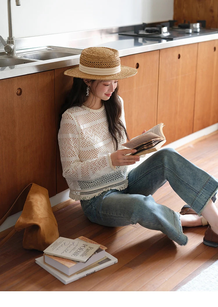 MISHOW Bohemian Lace Hollow Top for Women 2025 Autumn Hem Tassel Lace Breathable Top Beige White Casual Knitted Tops MXE41X2466