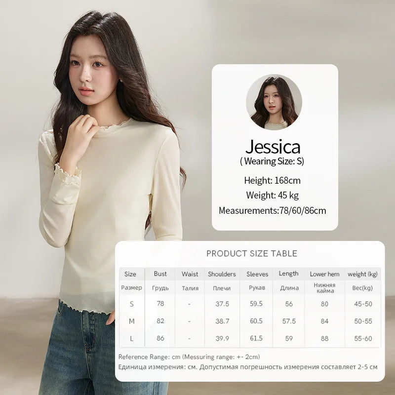 MISHOW Women's Ruffled Crew Neck Interior T-shirt 2026 Spring Lightweight Transparent Mesh Tops Slim Casual T-Shirt MXF11Z2914