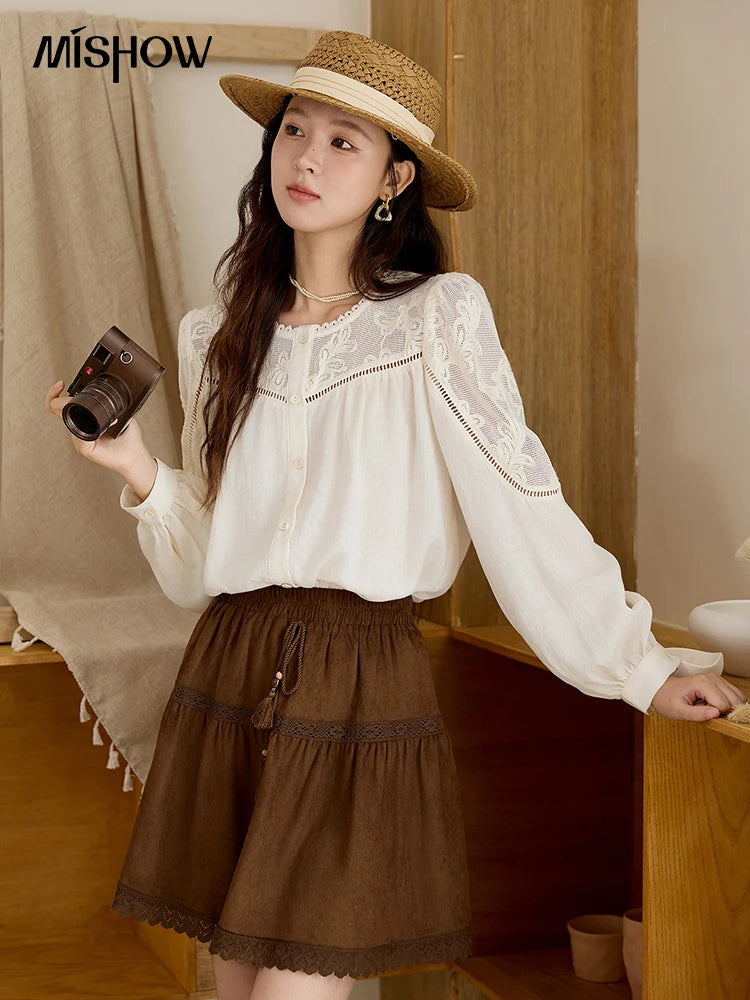 MISHOW Women's Beige Hollow Out Embroidery Shirt Autumn French Elegant Long Sleeve O-Neck Shirts Retro Commute Tops MXE44X2498