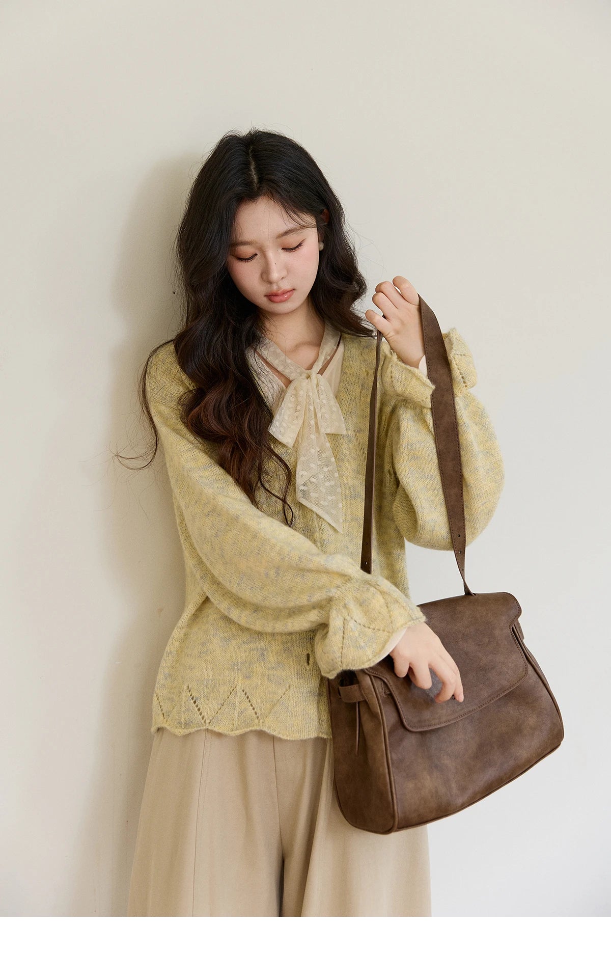 MISHOW Women's Marled Yellow Mohair Knit Cardigan 2026 Spring V-Neck Flare Sleeve Cardigans Casual Loose Sweater MXF108Z1021