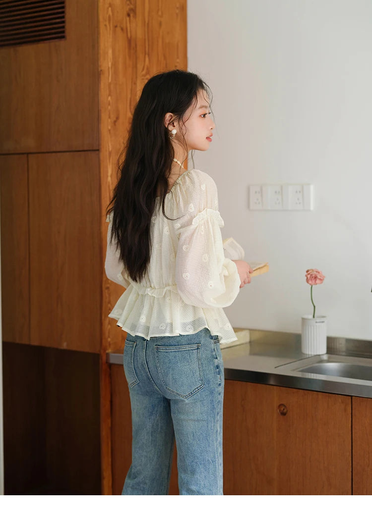 MISHOW Women's Fashion Cashew Flower Embroidered Blouse 2025 Autumn V-neck Lace Up Puff Sleeve Ladies Elegant Top MXE41X1945