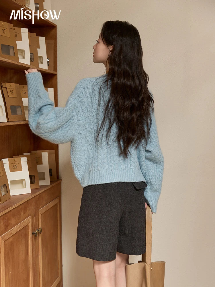 MISHOW Cardigan Women 2025 Autumn Winter Fashion Light Blue Retro Crew Neck Knitted Sweater Casual Loose Pocket Top MXE49Z2614