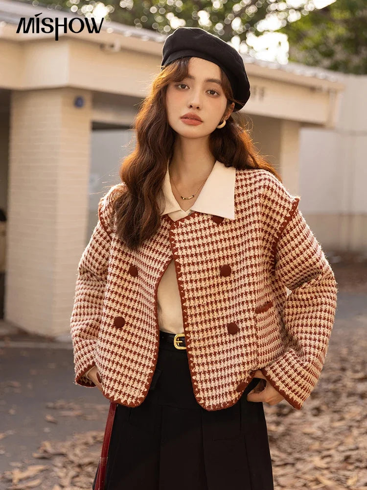 MISHOW Elegant Plaid Wool Blend Short Coat for Women 2024 Autumn Winter Jackets Female Warm Fashion New Outerwears MXB42W0479