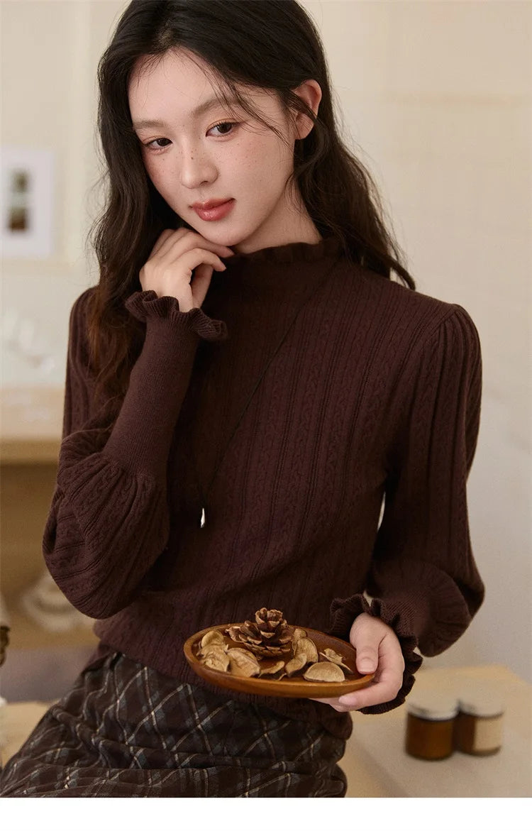 MISHOW Women's Half Turtleneck Ruffle Trim Lantern Sleeve Bottoming Tops 2025 Winter Vertical Rib Slim Knitted Top MXE93Z2810